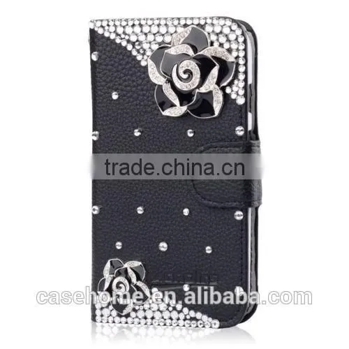 New Fashion Bling Crystal Diamonds Pearls PU leather flip stand wallet case cover for iphone6s