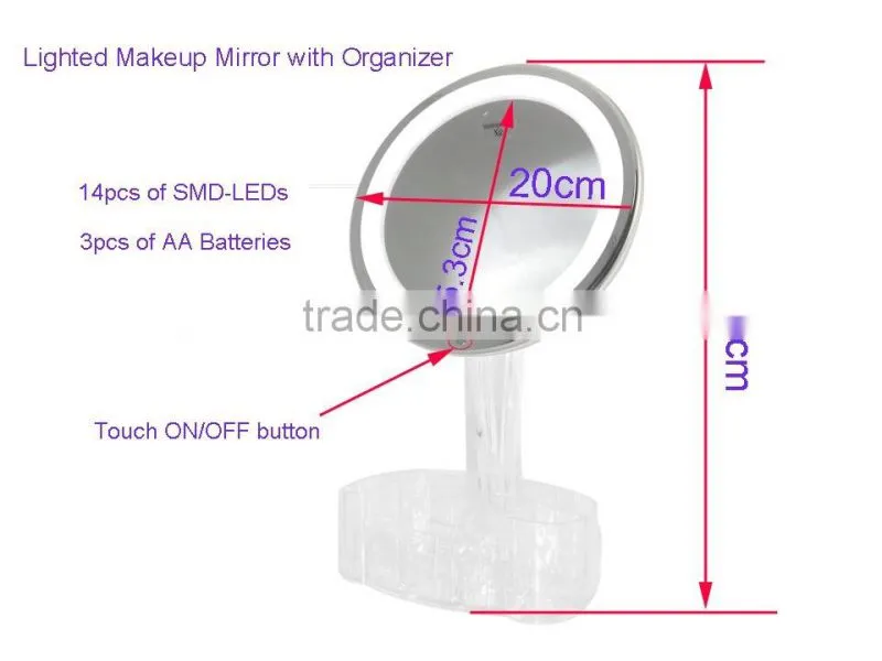 Touch led makeup mirror, 8" led lighted makeup mirror with organizer, desktop makeup mirror with touch switch