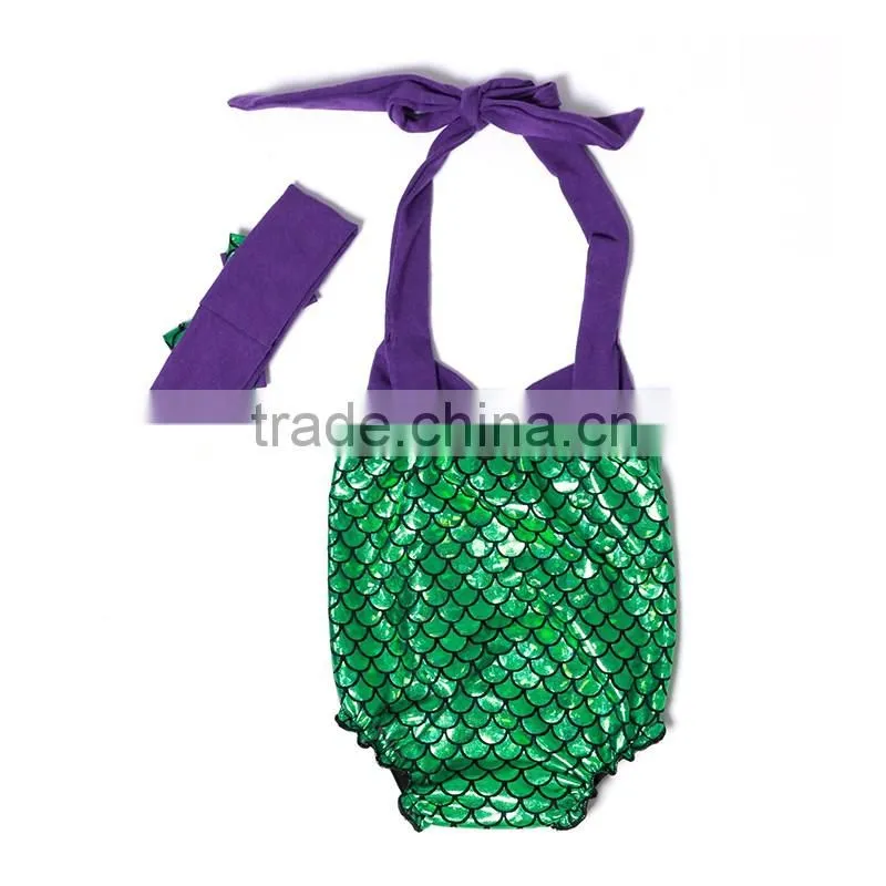 2016 hot sale purple and grenn children clothes mermaid swimsuits with matching headband