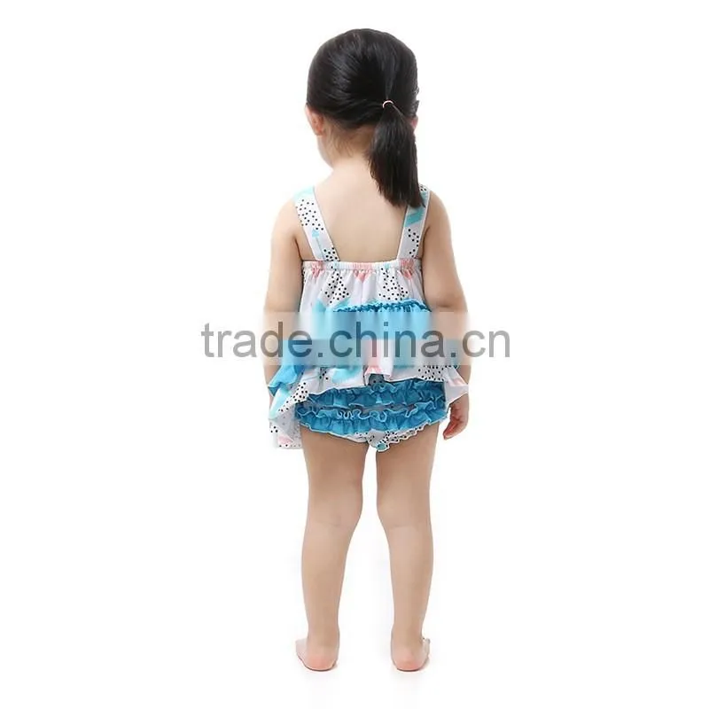 Fashion popular feather print clothes baby swing top and baby bloomer.