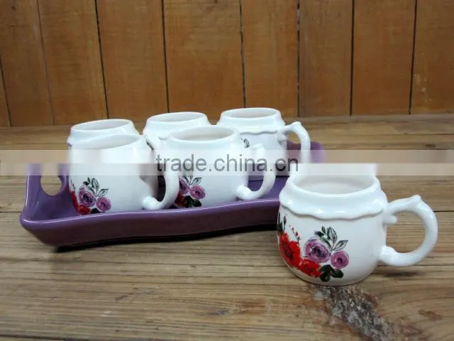 Cute 6 Ceramic Tea Coffee Cups with Purple Ceramic Tray Set for Home/ Office