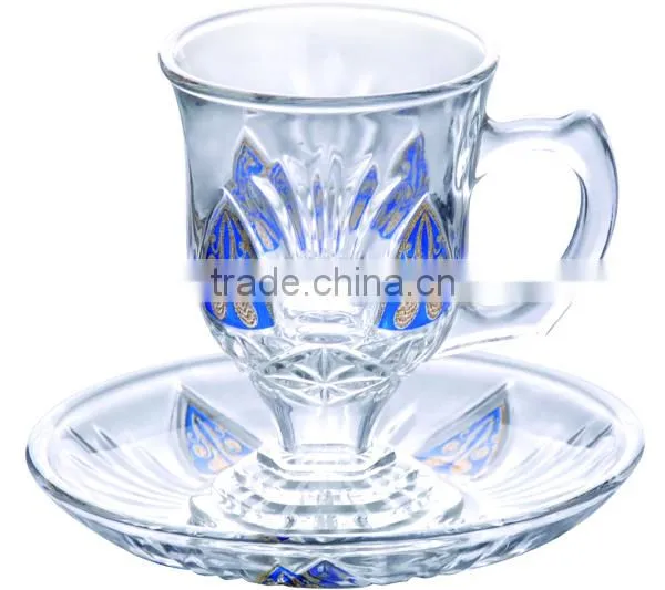 Decal tea glass cup and saucer set