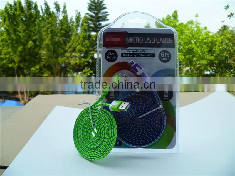 Colorful Braided Woven Fabric 6 feet Flat Rope Micro USB Cable for HTC, Samsung, Motorola, LG, Nokia, Sony Erricsson. etc.