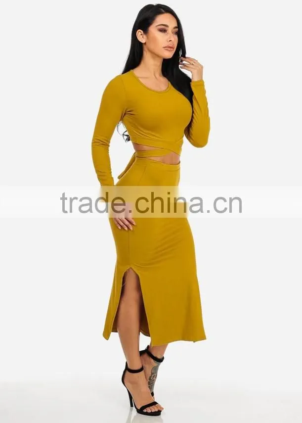 Alibaba Suppliers Bulk Apparel Spring Women Dresses Sexy Mustard Two Piece Long Sleeve Knee Length Bodycon Midi Dress Set