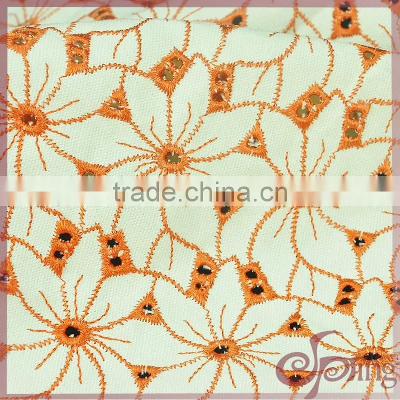 Orange all over flower heavy cotton lace, embroidery design fabric