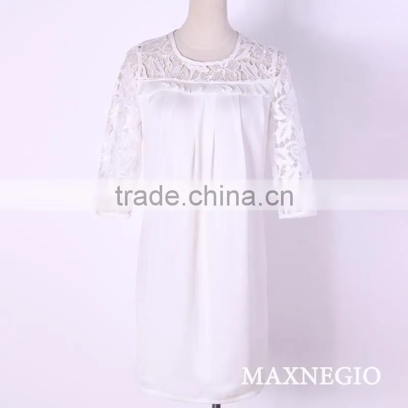Lady plain dyed embroidered fabric lace short white dress