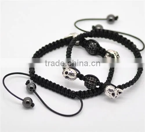 Pave Black Rhinestone Beads & Antique Silver Halloween Skull Beads & Black Braiding Adjustable Bracelets 18cm-25cm