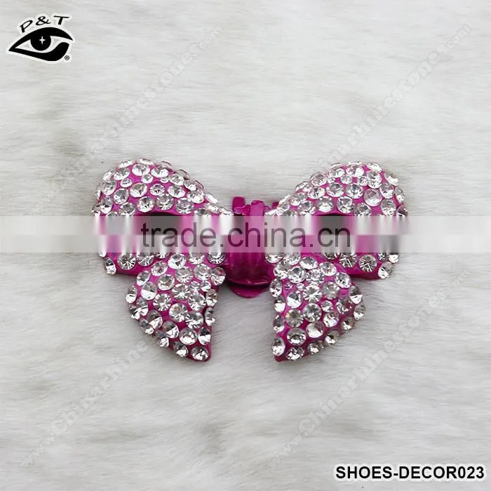 Shoe accessories pink bow tie shape rhinestone shoe ornament handmade rhinestone clips for lady shoes