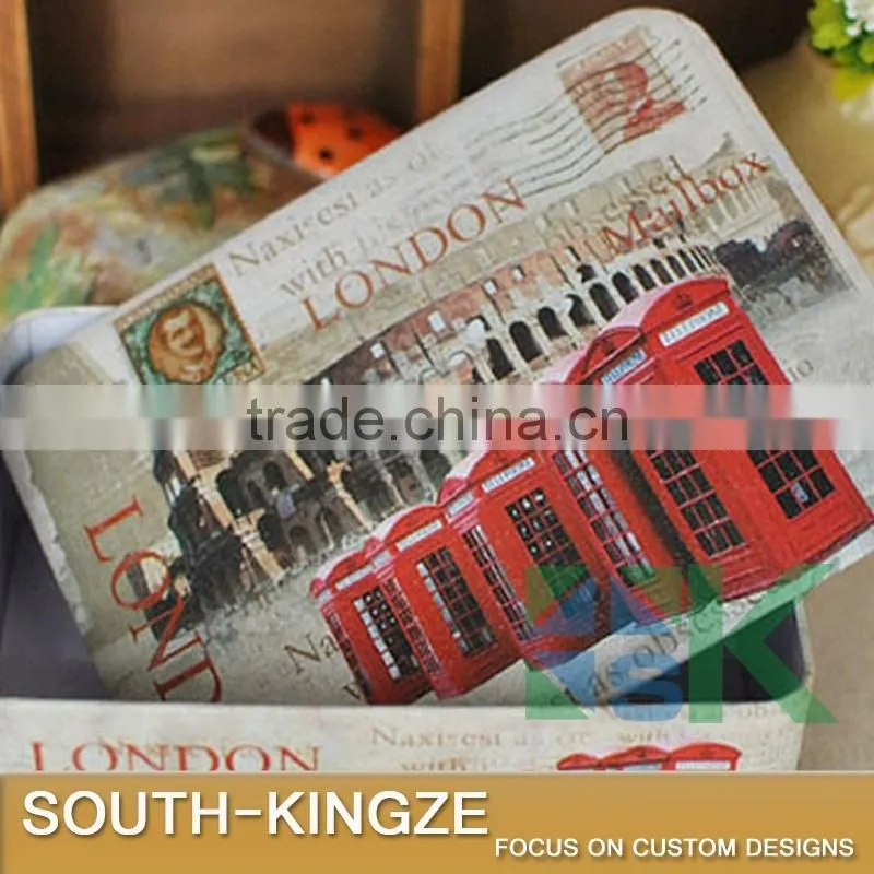 London Colorful Printing Post Card Storage Square Cubid Shape Iron Box