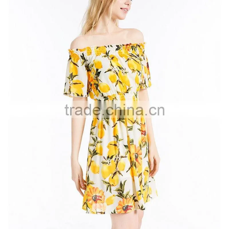 Summer Ladies Latest Fashion Boat Neck Printed Chiffon Dress Designs Women Off Shoulder Casual Dress