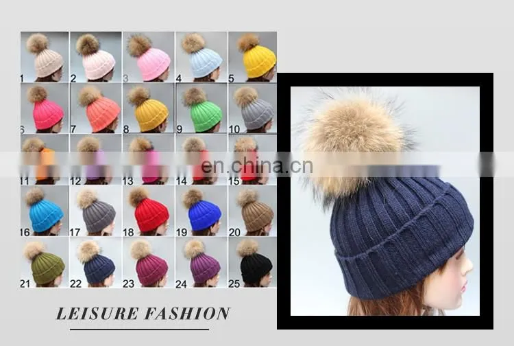 Fluffy large fur pompom hats real raccoon fur knitted hats wholesale winter hats