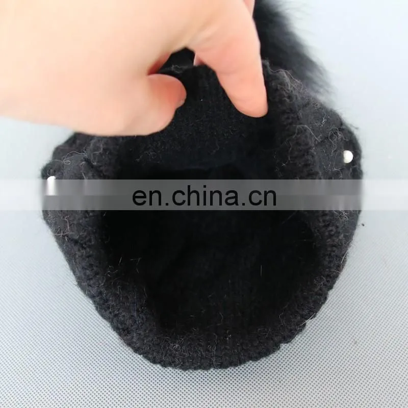 Fashion design black knitted pattern wool blend hats with fur pom