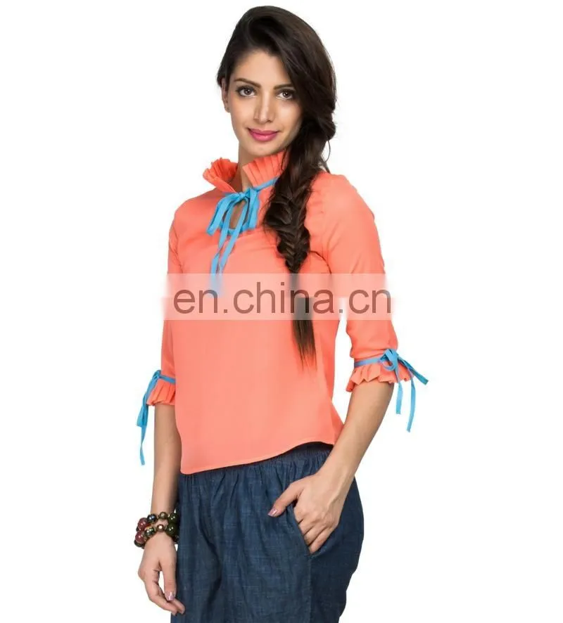 Pink Ruffle And Drawstring Top- Three Quarter Sleeves Three quarter sleeve top with tiered ruffle and lace trim for women