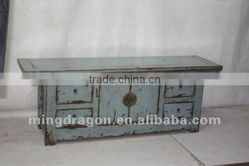 Chinese antique furniture pine wood blue four drawer two door cabinet