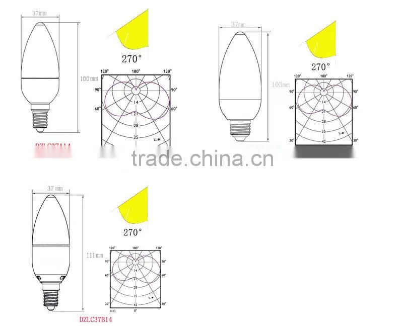 Best Selling Glass Led Lamp 3w LED Candle LightC37 Led E14 Light Candle Bulb Light
