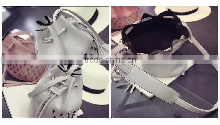 2016 HOT leather drawstring bucket bag rivet messenger bag