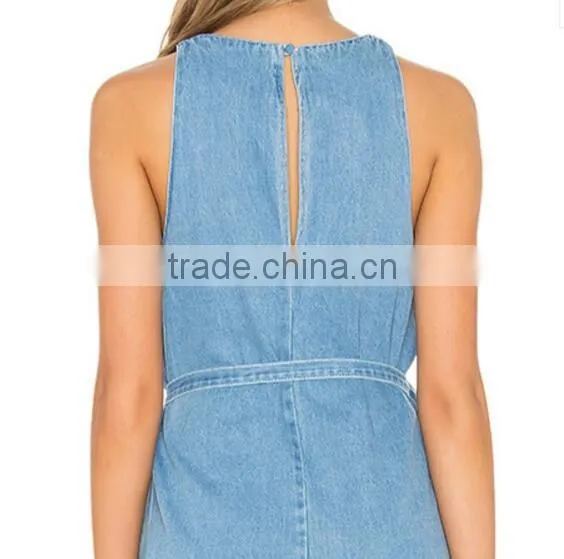 New Design Light Bule Denim Fabric Strap Women Dresses