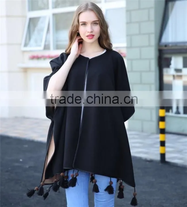 Big street PU edging latest fashion wooden beads decorated office shawl cloak