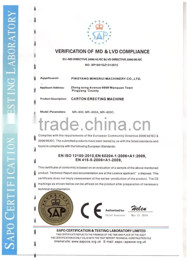 CE certificate MR-800C Hot Sale Automatic High Speed Carton Erecting Hamburger Box Machine by Water-based adhesive Glue Sealing