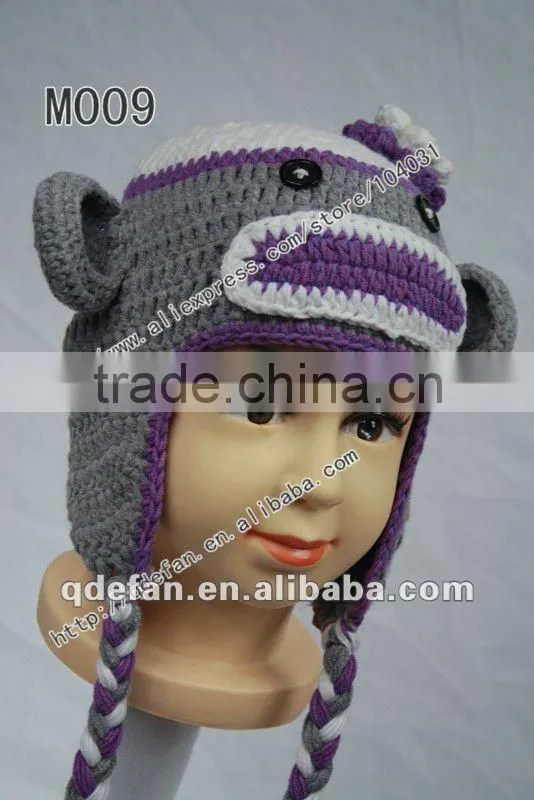 new arrival!!Free shipping 100% cotton crochet brown soft monkey hat / hand knitted animal beanie hat/ funny hat ideas