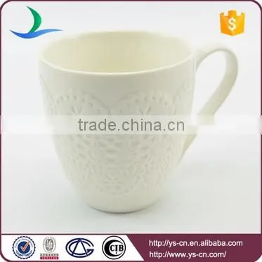Embossed lace white glazed porcelain coffee mug with handle prices