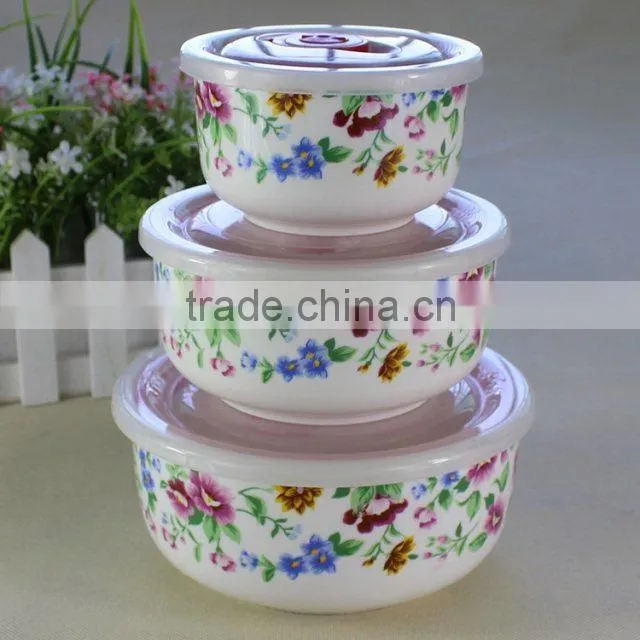 custom printed ceramic bowl bowls with airtight lids ,3pcs porcelain fresh seal bowl