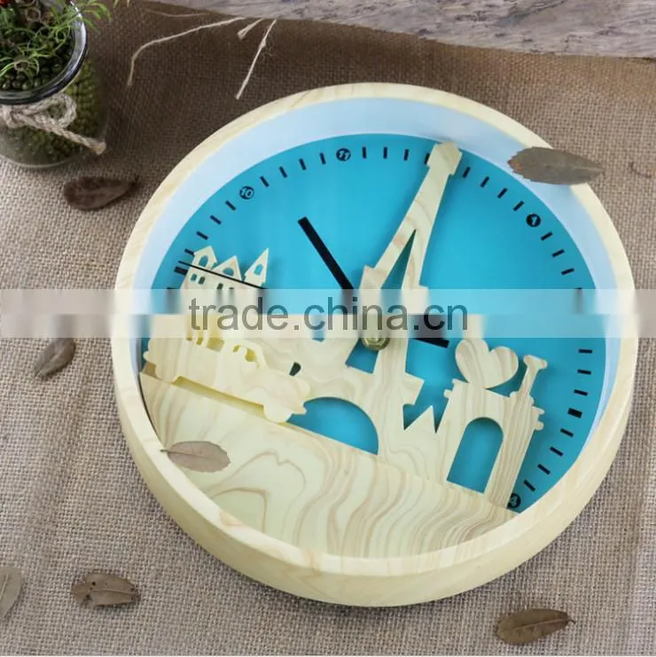 Fashion 10" Wood Color Clock With Iron Tower Shape, Creative Mute Wall Clock For Decoration