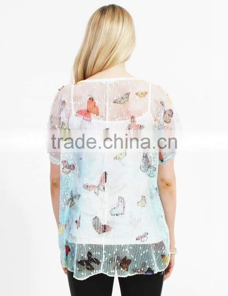 Bule butterfly print woman top,2016 new design top,lady blouse