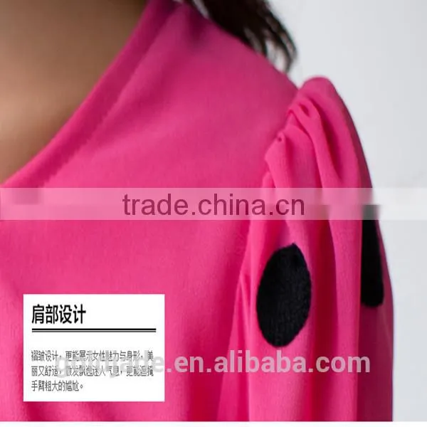 OEM lady sexy loose rose red and black chiffon dot round collar long petal sleeve blouse