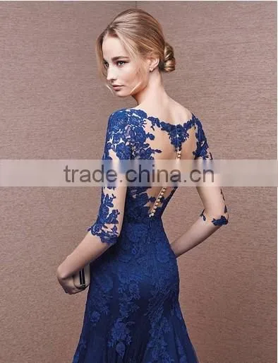 elegant lace sleeve royal blue long evening dress