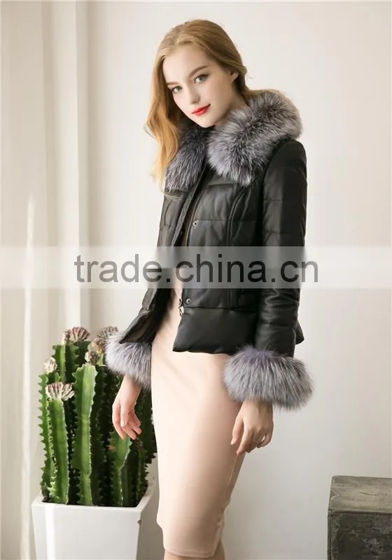2016 New Women's Winter Fashion Imitation Faux lether With Soft Faux Fox Fur Long Slim Fit Jacket Coat with fox fur collar
