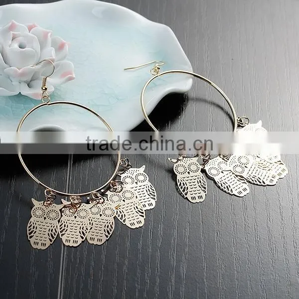 New Fashion Round Gold Plated Halloween Owl Hollow Copper Filigree Stamping Earrings Ear Wire Hooks