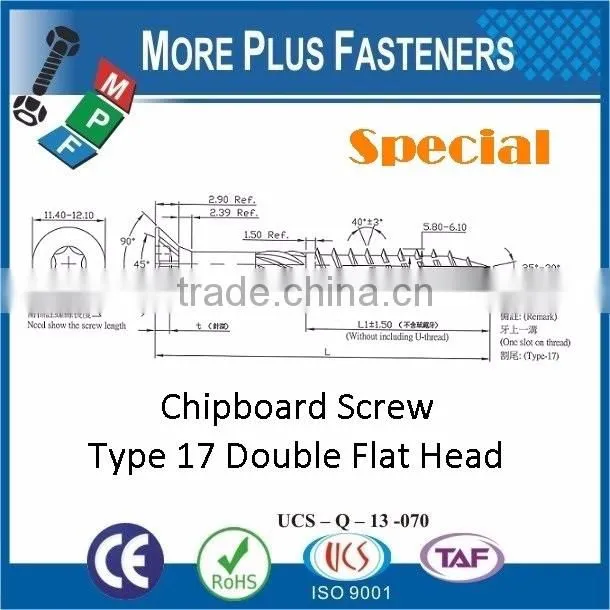 Made in Taiwan Double Flat Head Torx Drive Special Chipboard Screw Type 17 Screw
