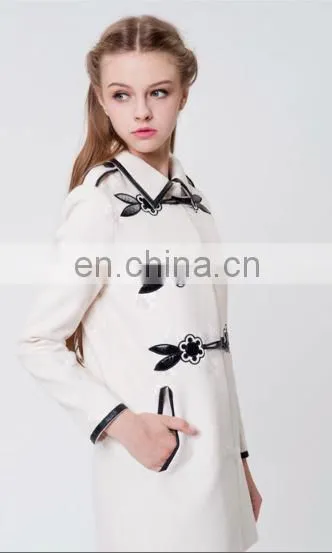 European style elegant women wool fashion design coats 2014 with PU leather horn button