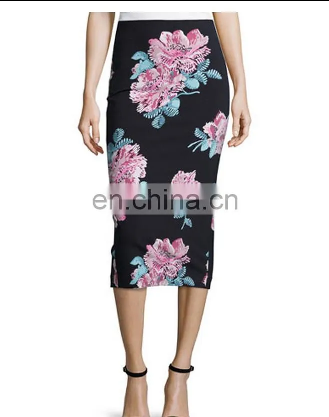 Floral-Print Midi Pencil Skirt, Black/Multi Colors