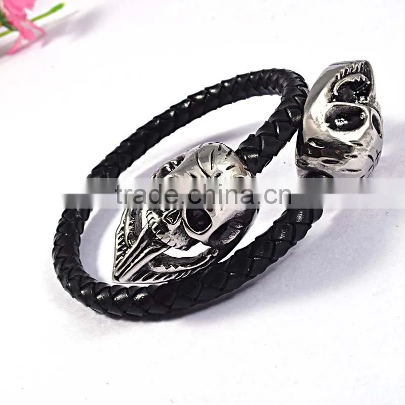 fashion chain black handmade fashion skull leather bracelet