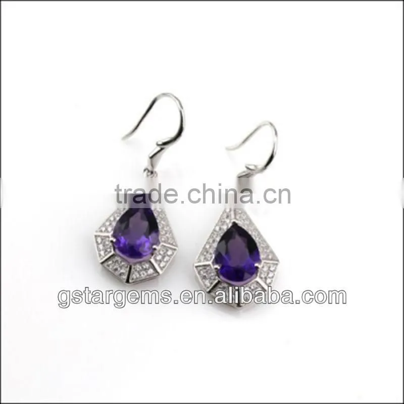 925 Sterling Silver Natural Gemstone Amethyst Rhodium Plated CZ Earrings