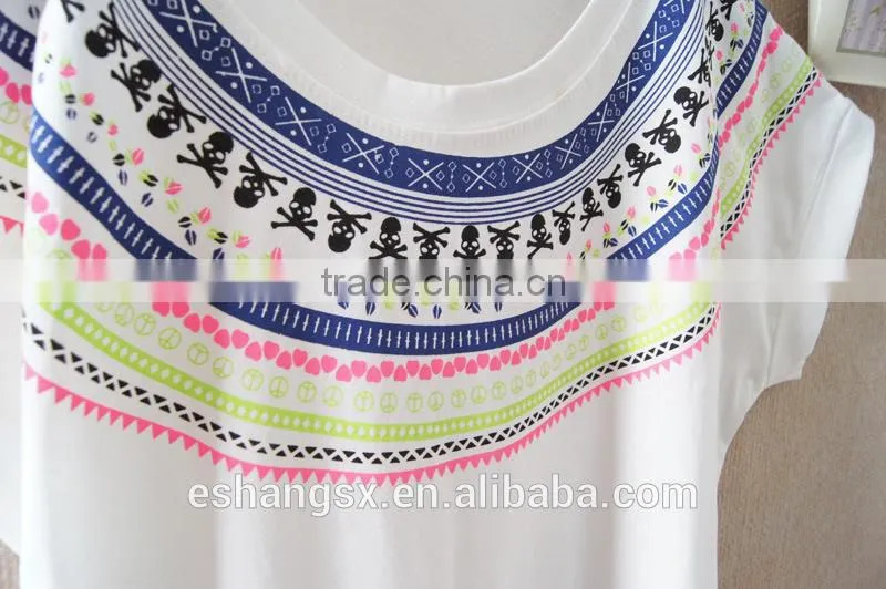 2014 cotton ladies printed batwing sleeve t-shirt