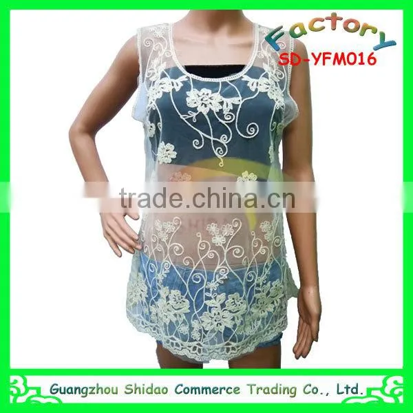 New arrival ladies lace embroidery top sleeveless lace women blouse