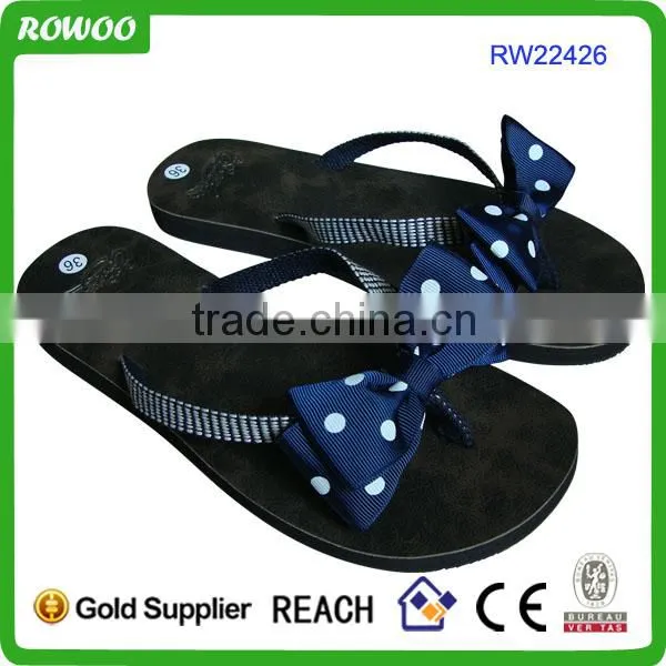 RW22426 Girls Textile V Straps with Dot Flower Decoration Flip Flops