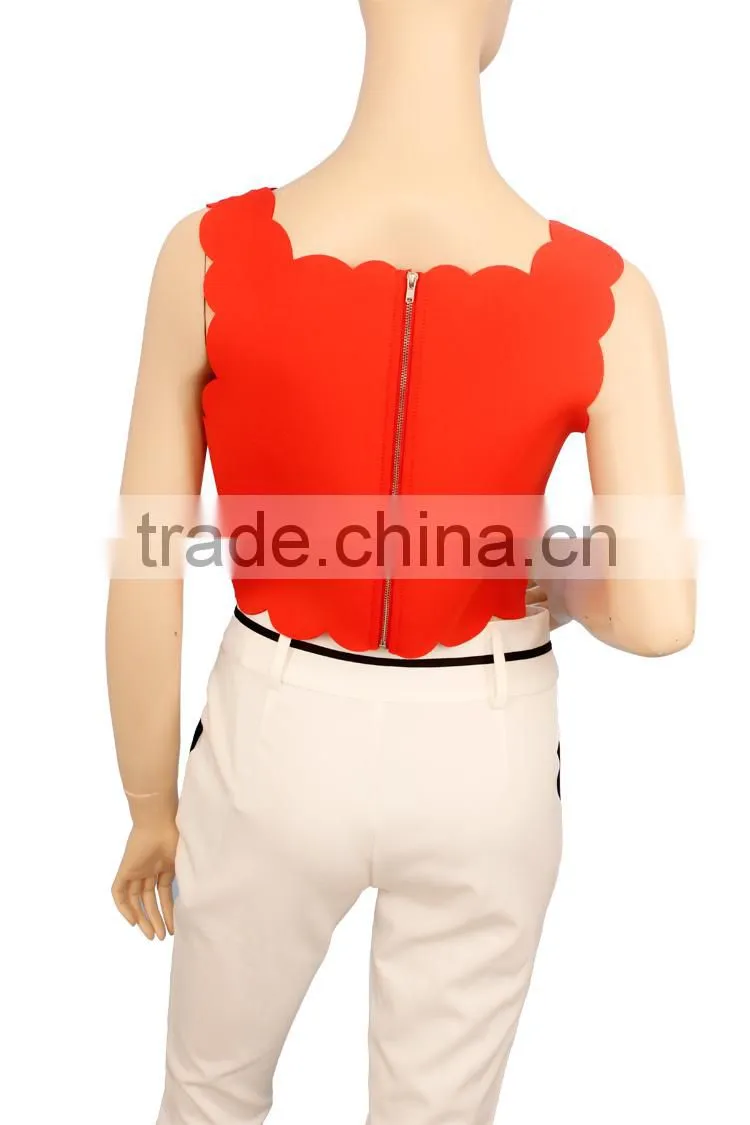 2016 S/S hollow out curved hem bear midriff red tops neoprene plain crop tops wholesale 2015