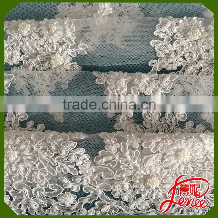 Handmade Leaf Design Pearl Beads Mesh Embroidery Fabric Wholesale Price