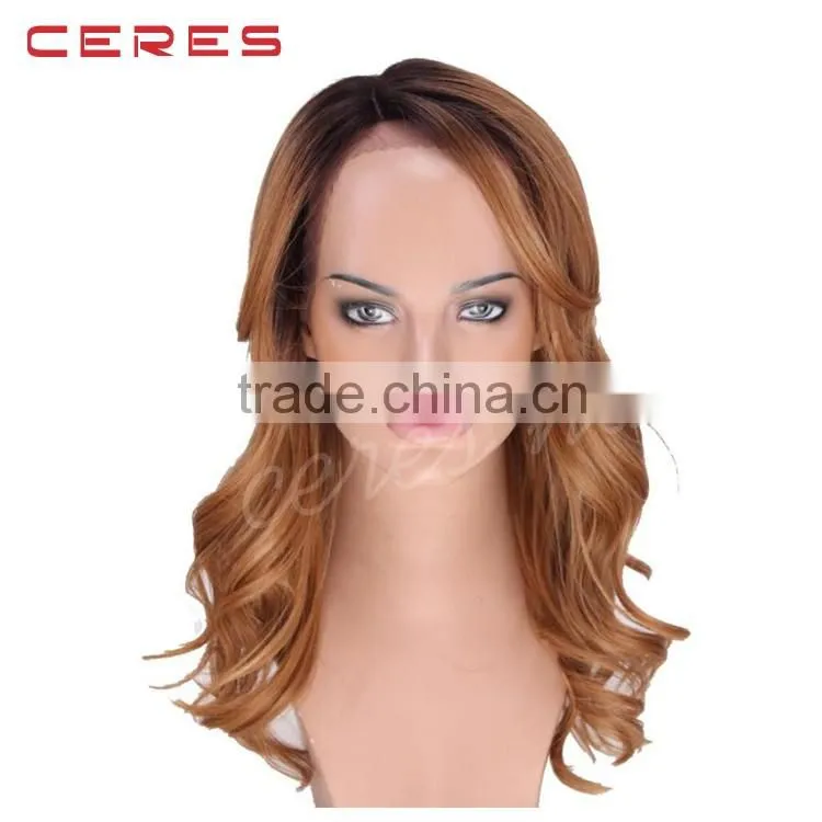 long wavy lace front wig, black to brown ombre colorful wig for young women