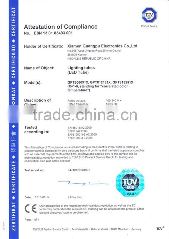T8 led tube light, 110lm/w input 100-240 Vac with CE&Rohs certificate