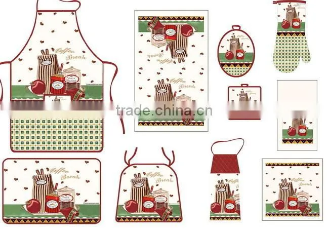 2016 silk screen pigment printing 3pcs cotton apron set with oven mitten pot holder set free samples China Supplier