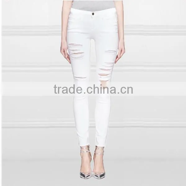 2014 Fashion China Wholesale White stretch cotton distressed holes latest design denim fabric jeans pants factory
