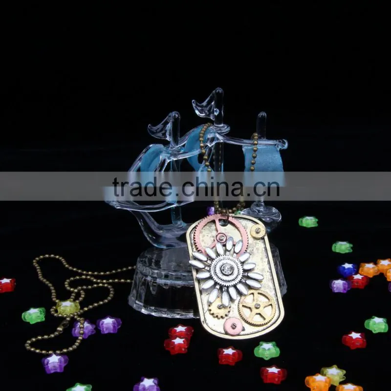 2015 yiwu fashion imitation jewelry hot sale steampunk necklace dog tag gear steam flower pendant cameo statement necklace