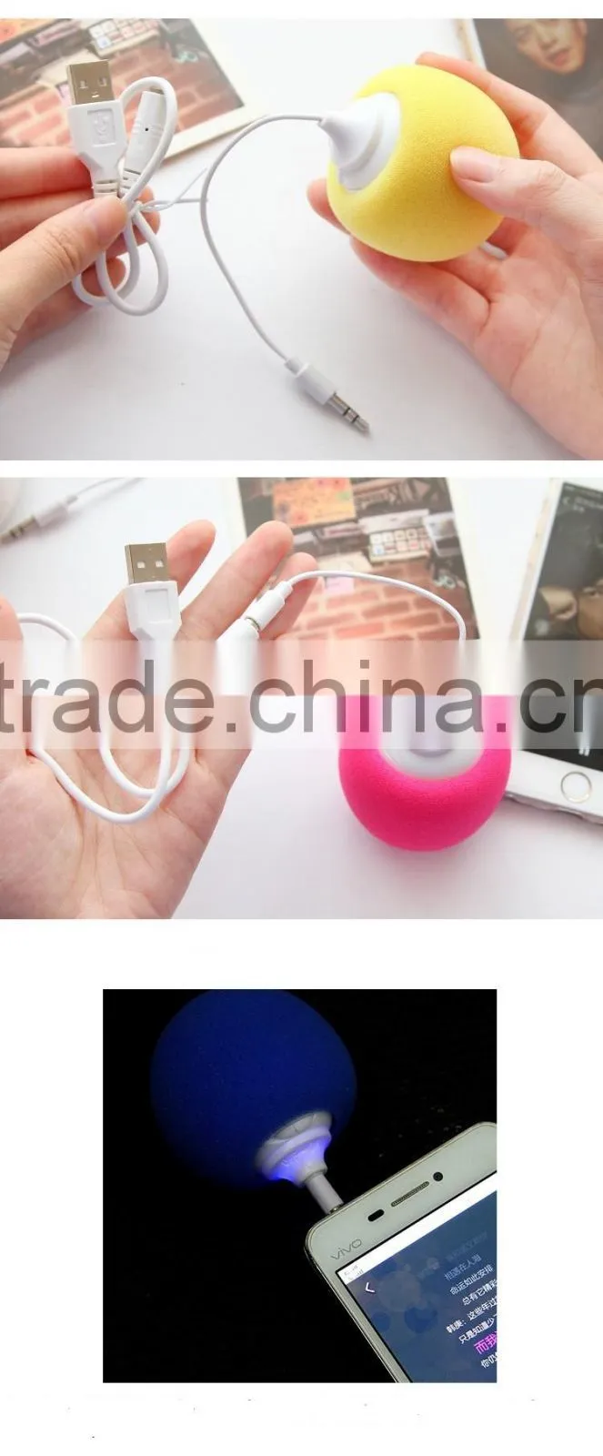 2016 Hot selling portable sponge USB mini ball speaker with 3.5mm jack audio cable for all mobile phone, laptop etc