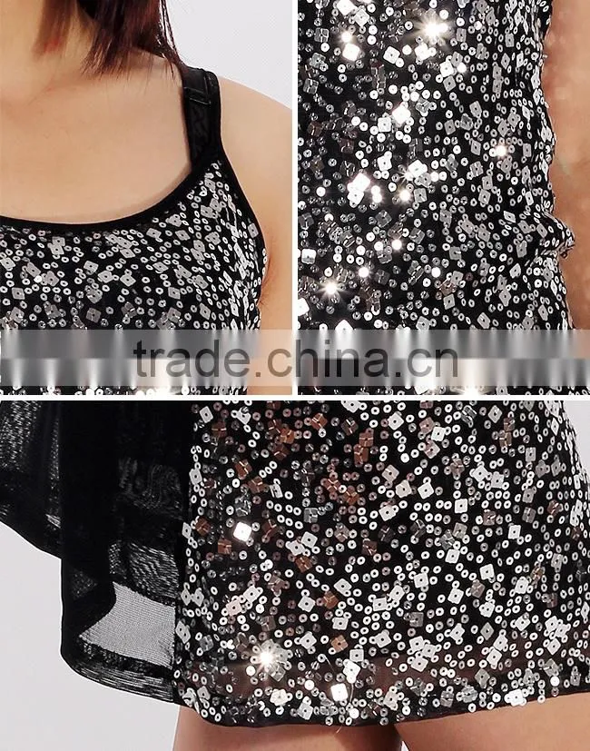 2015 summer women scoop neck spaghetti strap sliver sequin midi evening dress
