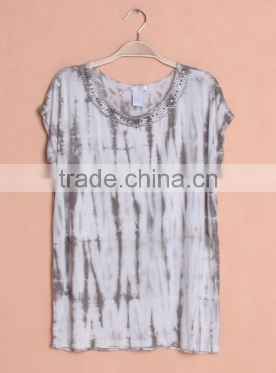 tie dye t-shirt for women, tie dye blouse with metal decoration